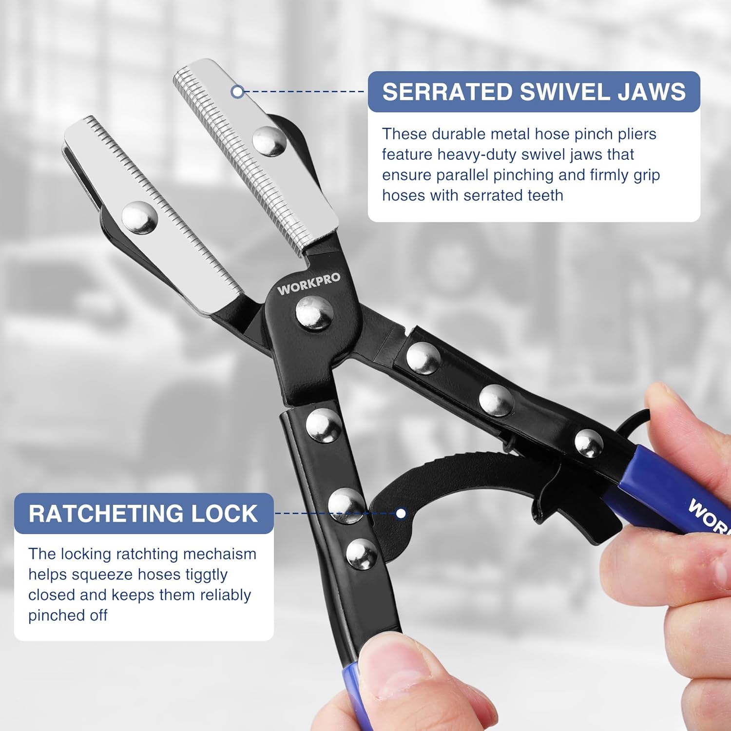 WORKPRO hose pinch-off pliers with serrated swivel jaws and blue locking handles