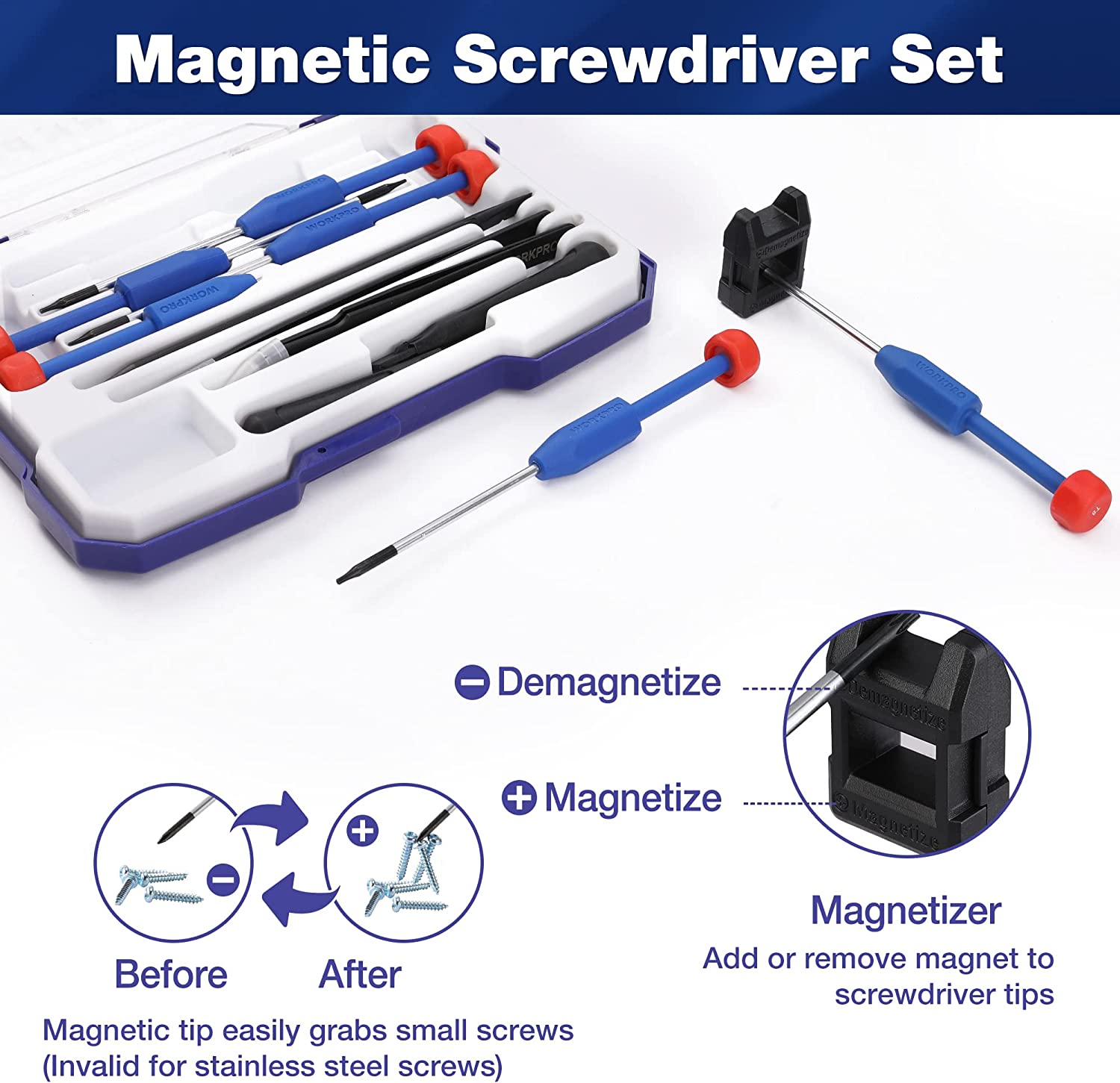 Magnetic screwdriver bit set in blue-trimmed case with long Torx drivers and bits