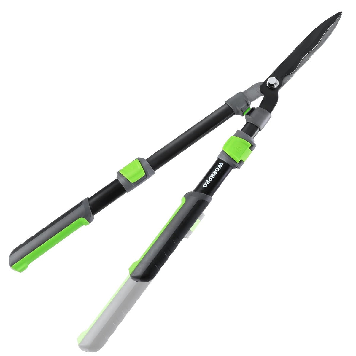 Manual hedge trimmer with black handles, green grips, and pointed blades