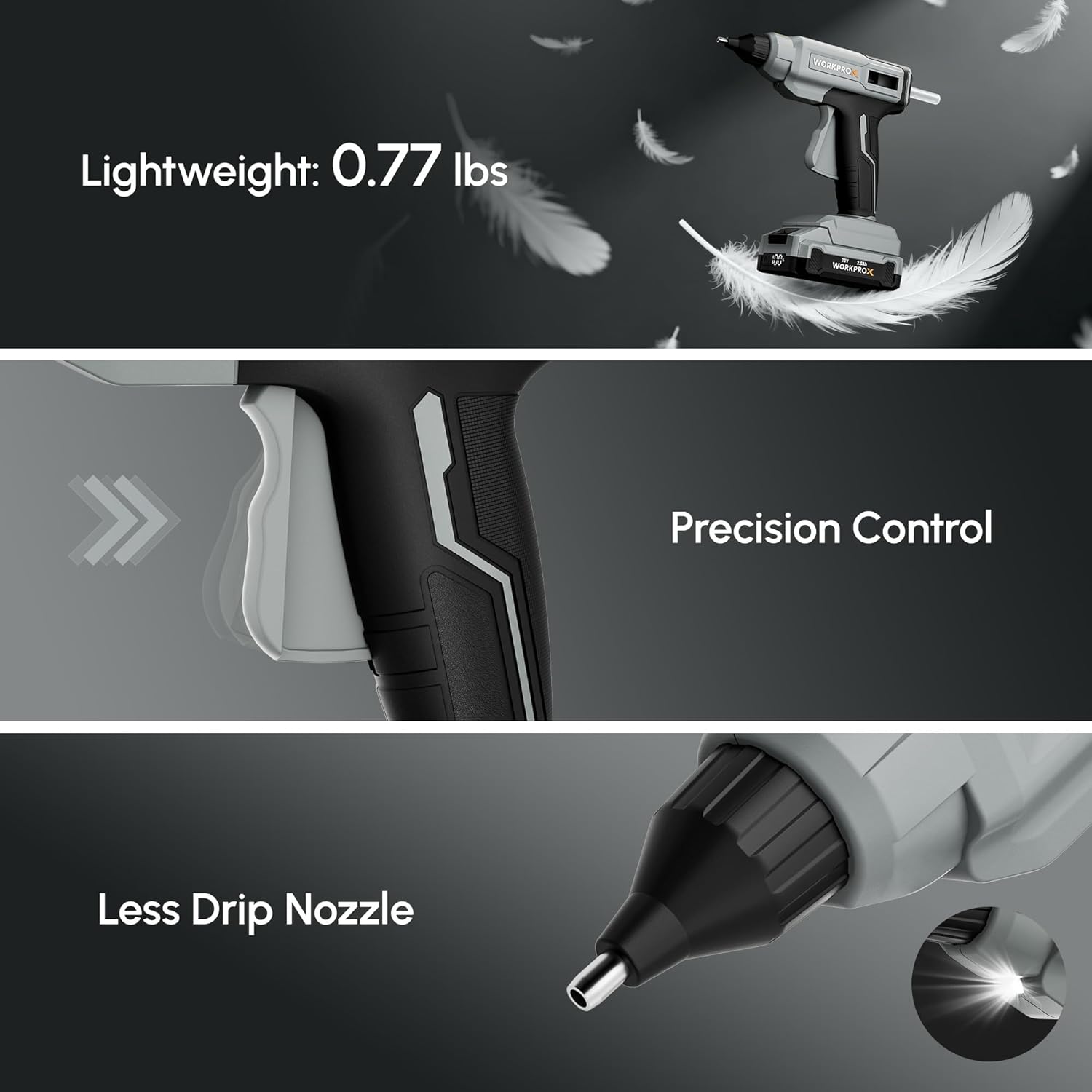 Cordless hot glue gun close-up with nozzle tip and precision control handle
