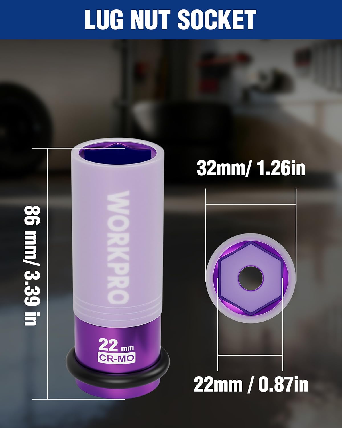22mm 1/2 in drive thin-wall lug nut impact socket, 6-point purple insert