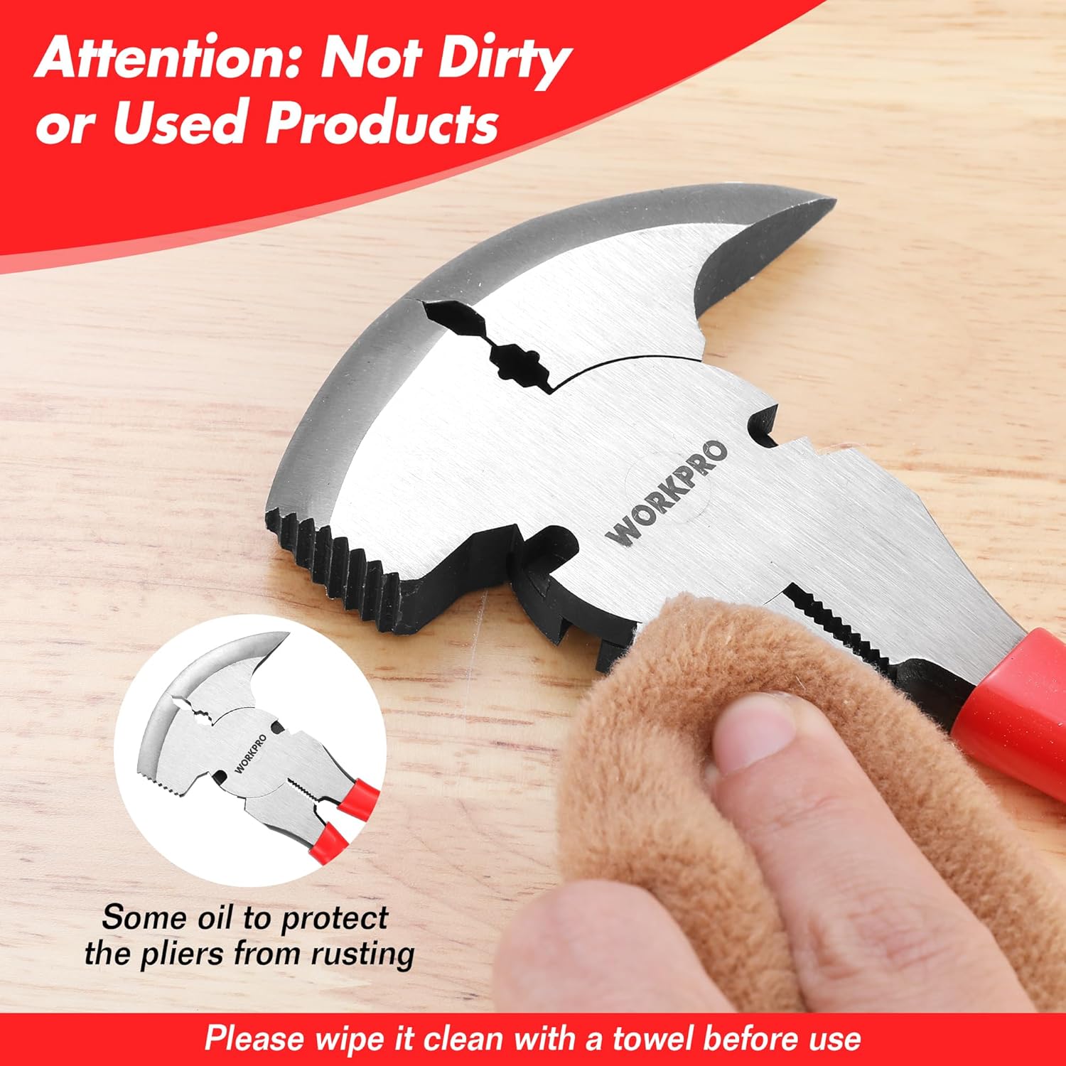 Fencing pliers with red handles and steel jaws being wiped clean