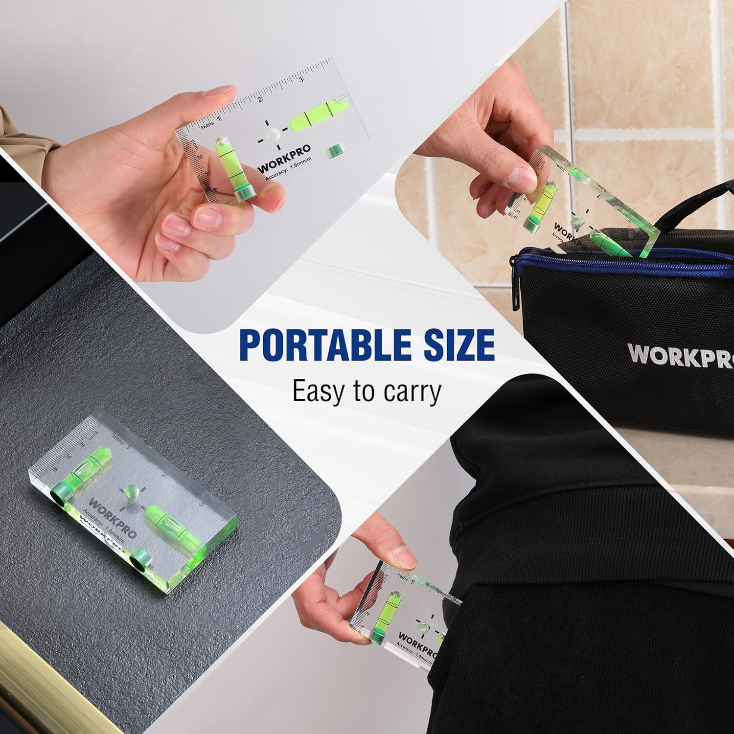 Compact magnetic pocket level with green vials and inch scale for easy carrying