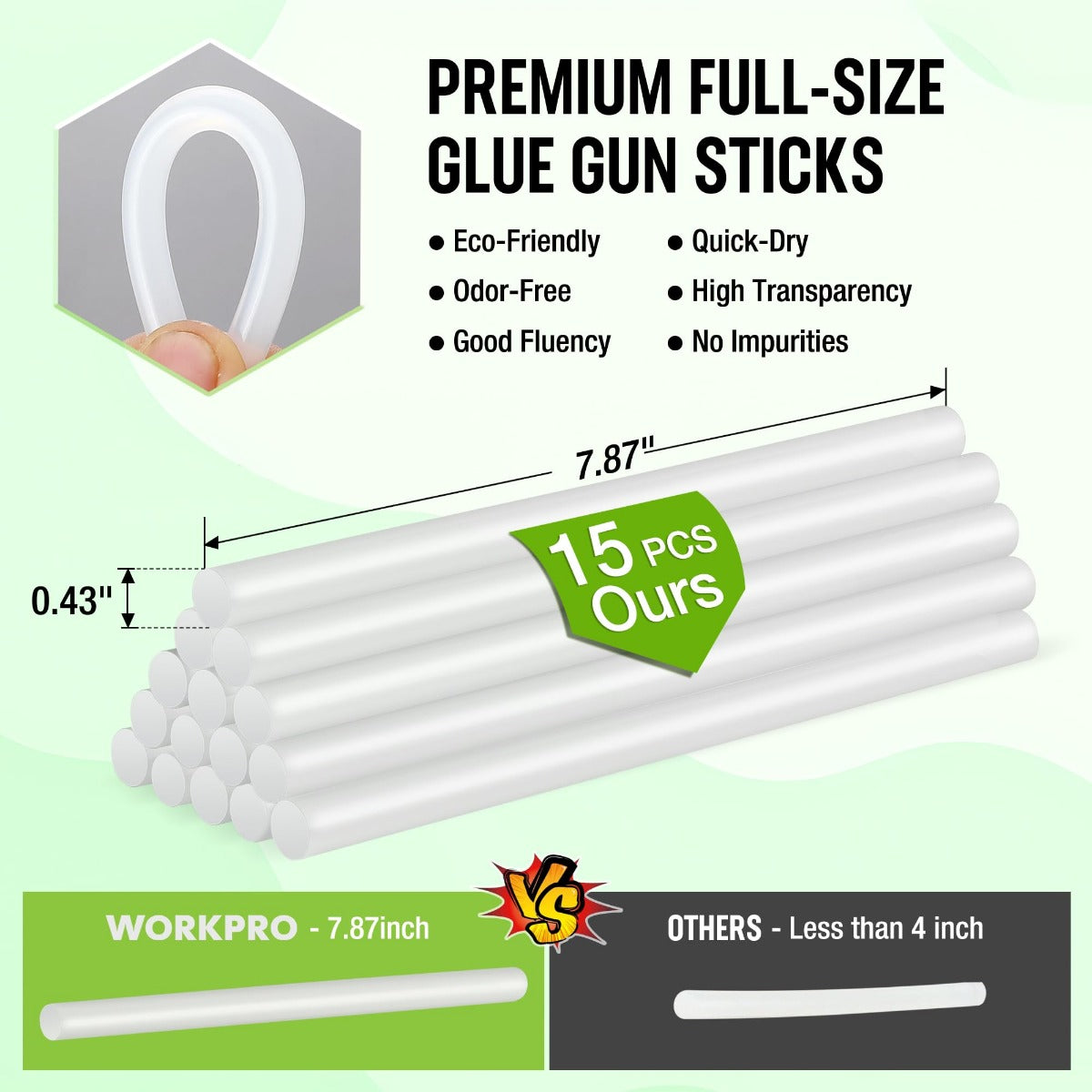 Clear full-size hot glue sticks bundle with dimensions and 15 pieces