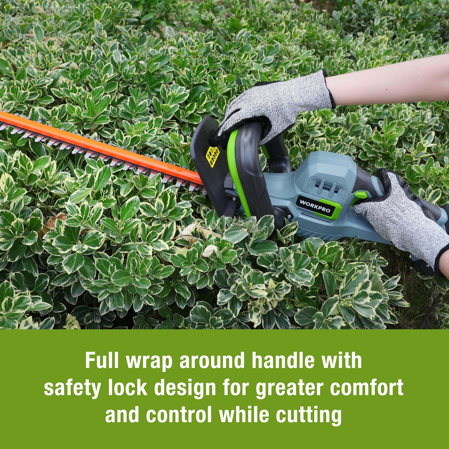 Cordless hedge trimmer with dual-action blades, orange guard and green grip