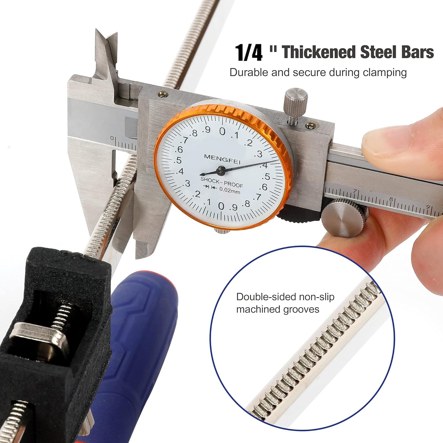 Steel bar clamp with thickened serrated bars and thumbwheel gauge, non-slip grooves