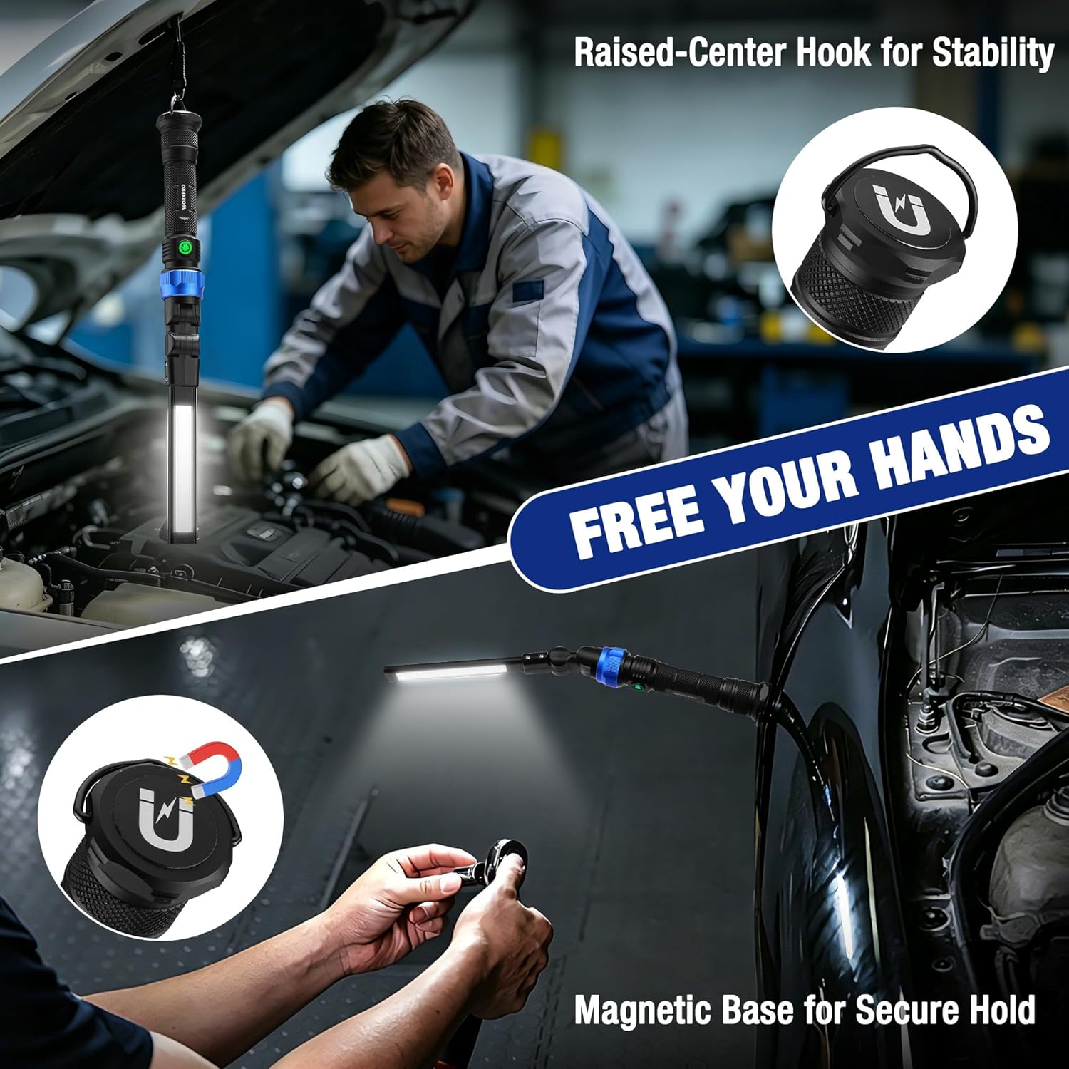 Rechargeable LED work light with raised center hook and magnetic base for secure mounting.