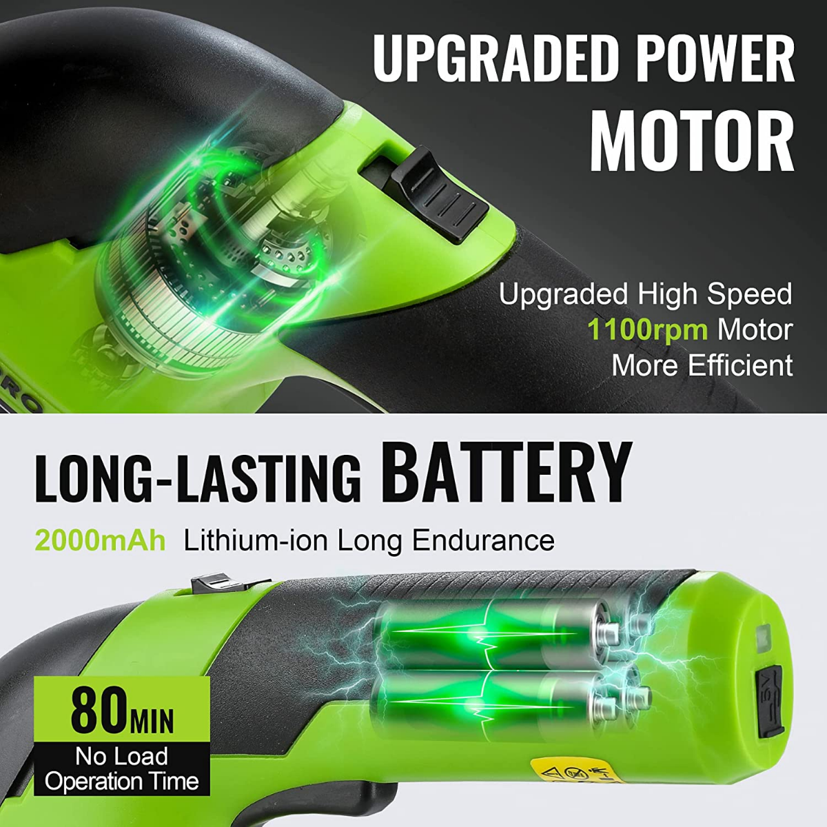 2-in-1 handheld electric trimmer, green body with illuminated motor housing and battery section