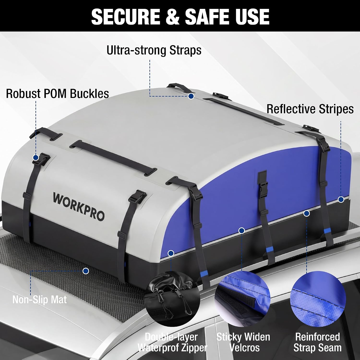 Rooftop cargo carrier bag with reinforced straps, reflective stripes, and side zipper