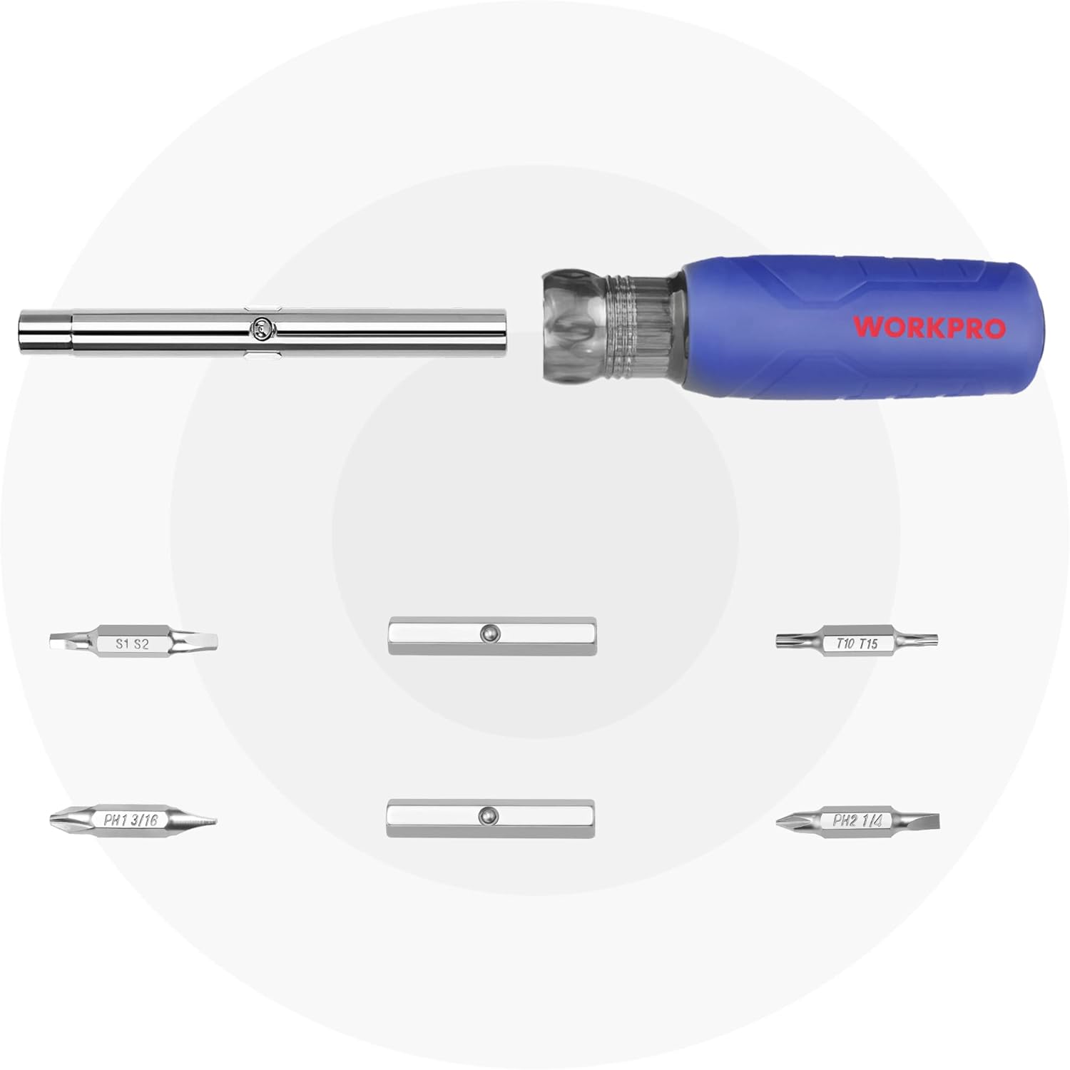 Screwdriver tool kit with blue handle, chrome shaft, and multiple bit inserts
