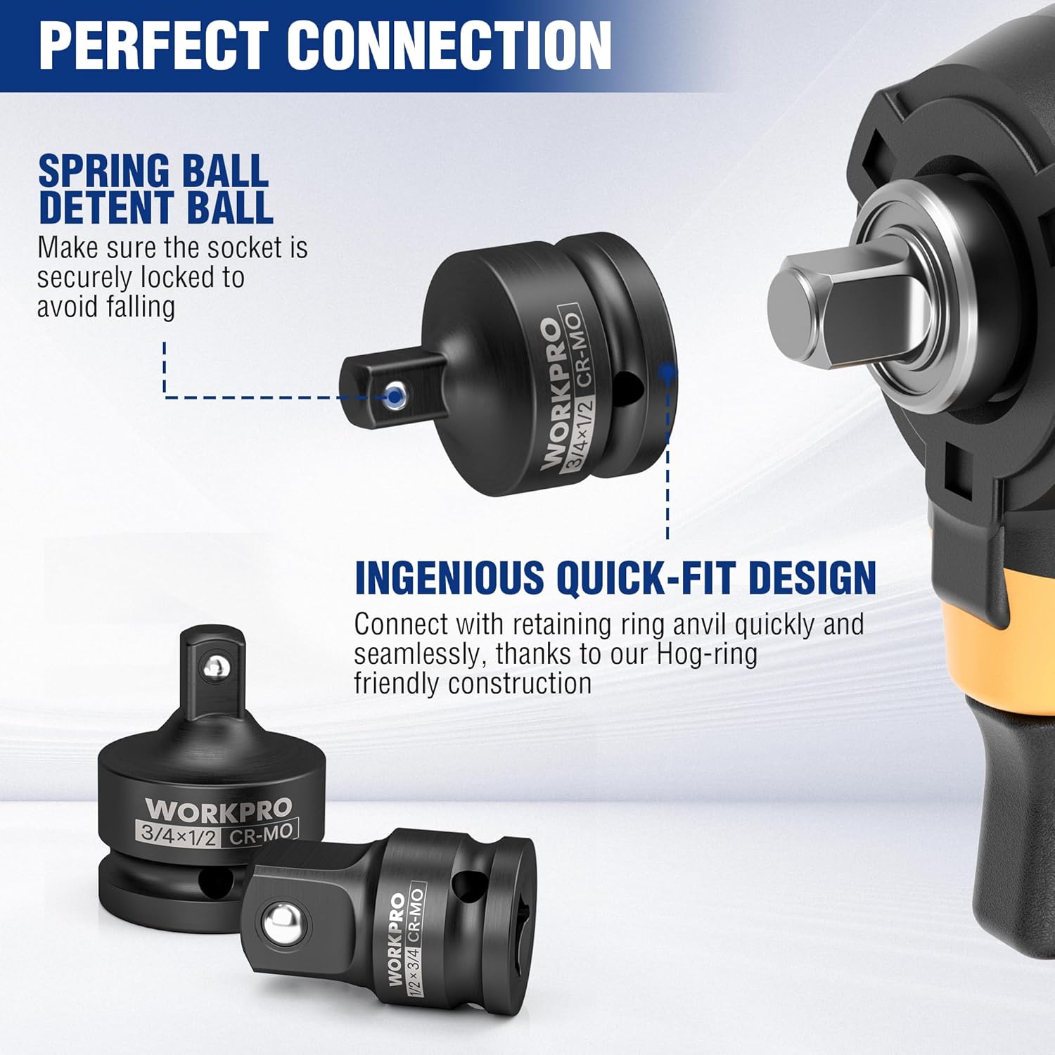 Black impact socket adapter with spring ball detent for secure square-drive connection
