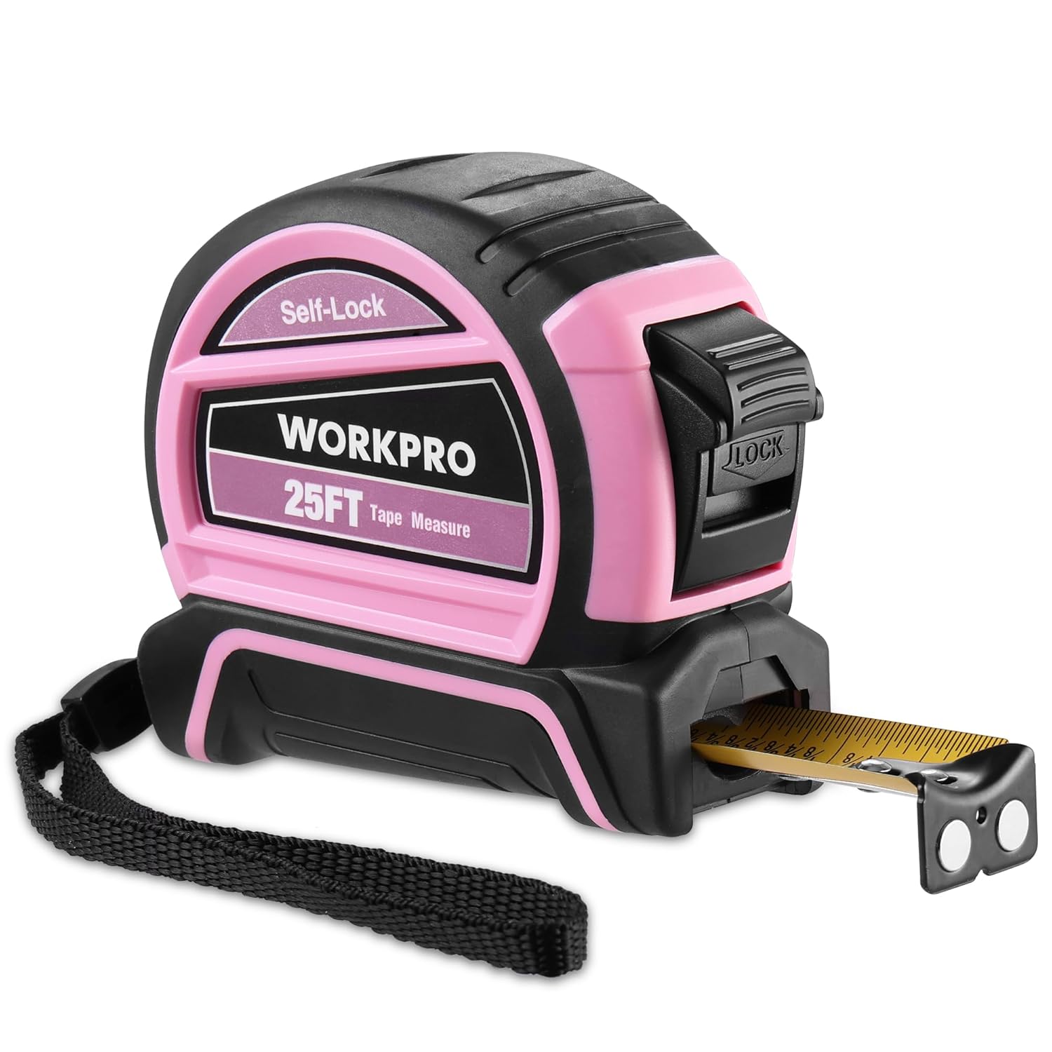 Pink self-lock tape measure with fraction-marked retractable blade and magnetic hook