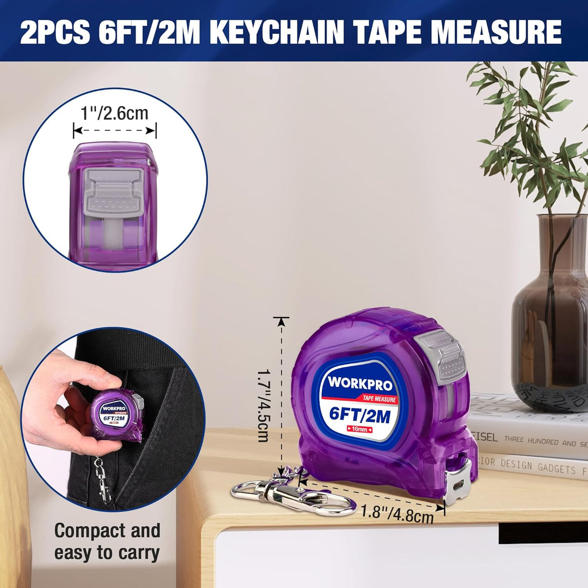 Purple 6 ft/2 m retractable pocket tape measure keychain with protective casing