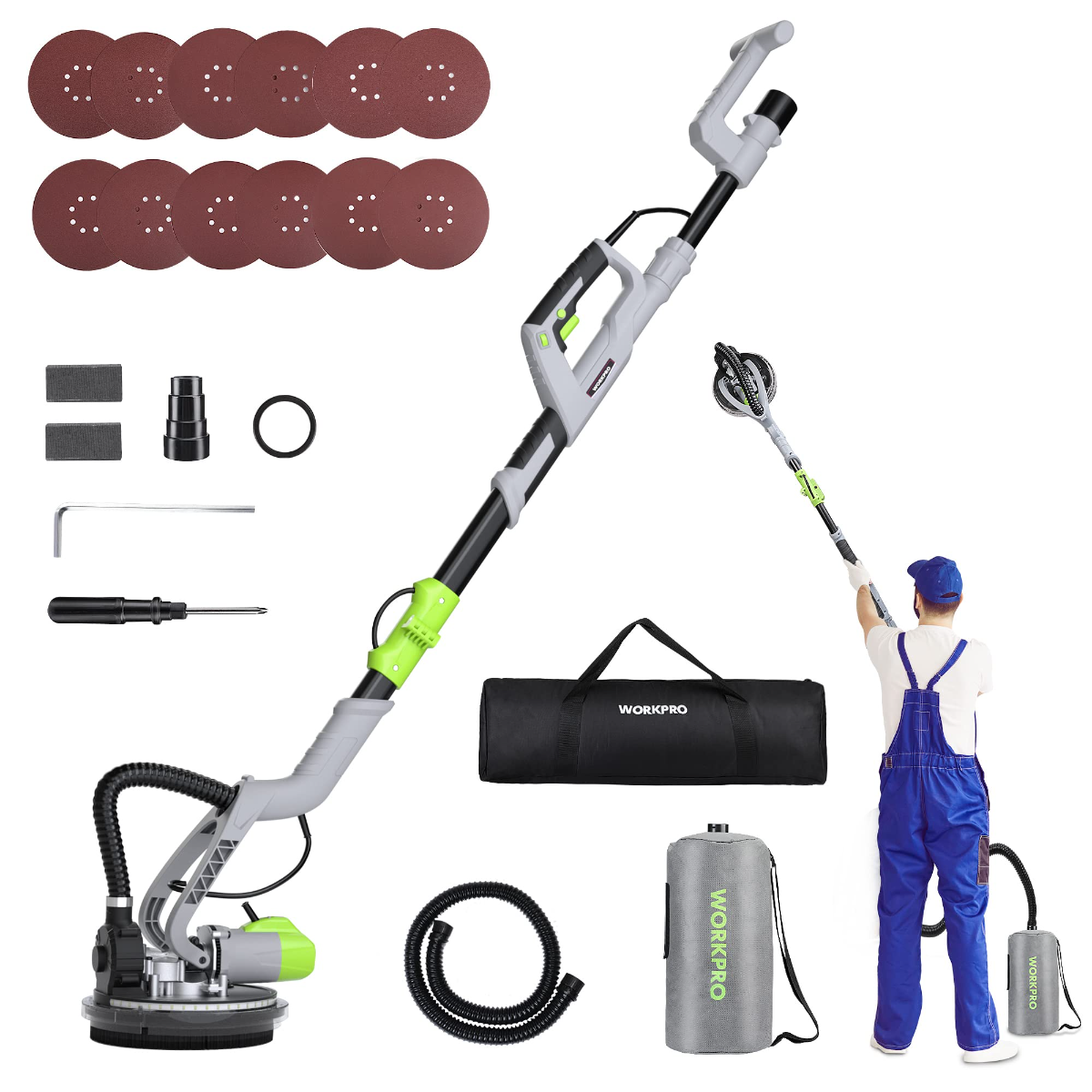 Electric drywall sander kit with vacuum hose, sanding head, and dust collection bag
