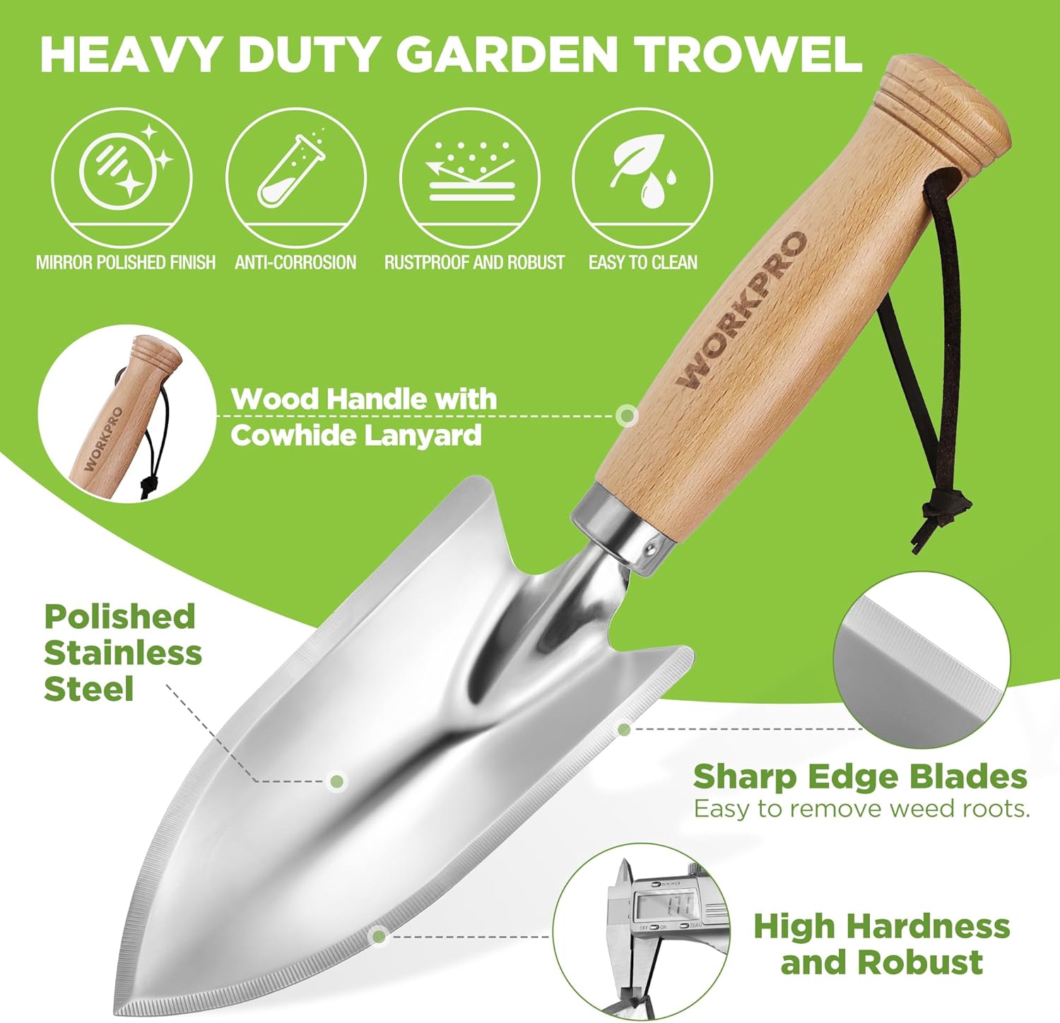 Heavy-duty garden trowel with polished stainless steel blade and wooden handle with lanyard
