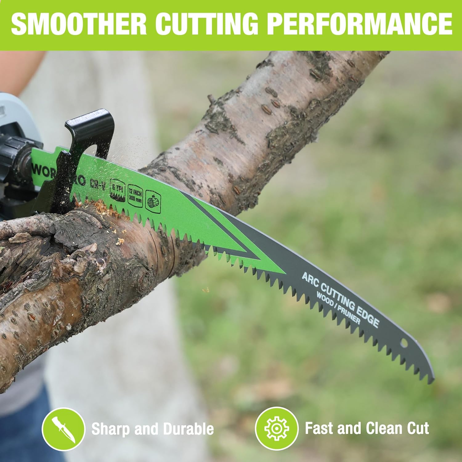 WORKPRO 12-inch reciprocating pruning saw blade, green and black, serrated teeth on branch