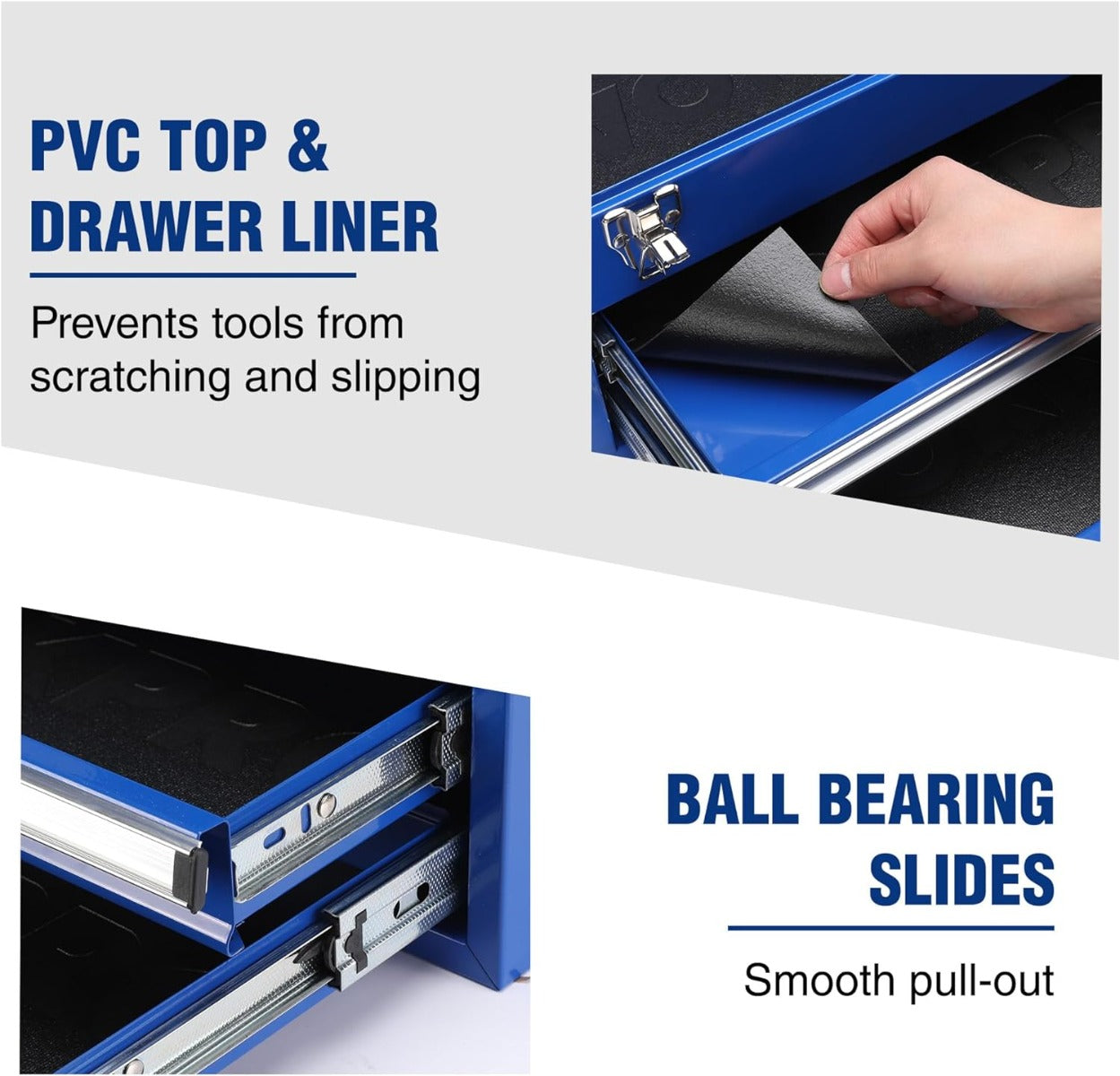 Blue tool box showing PVC-style top liner and smooth ball-bearing drawer slides