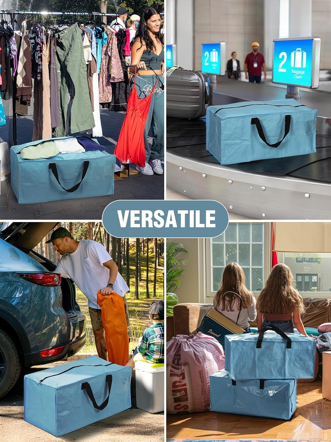 Dusty blue versatile storage bags with black handles displayed for sale
