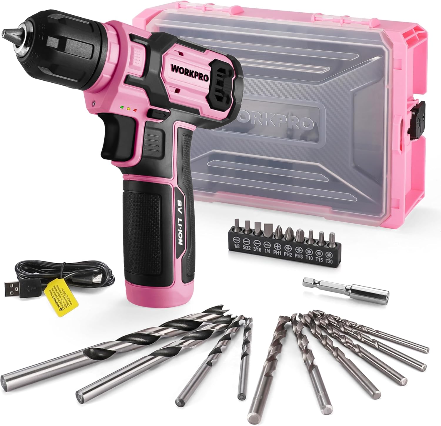 WORKPRO Pink Power Drill Set and Stackable Tool Box, 8V Cordless Drill Driver with Bit Set, 2.0Ah Electric Cordless Screwdriver Kit with 3/8