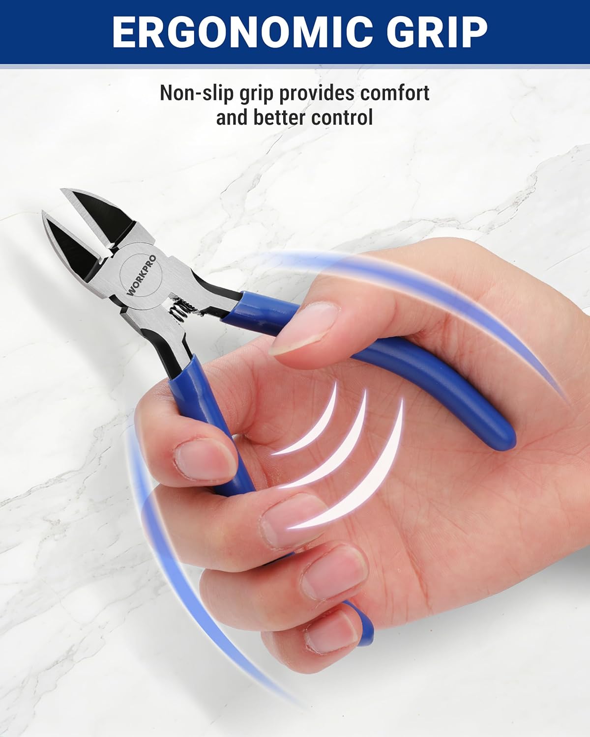 Ergonomic flush cutter with blue non-slip grip and angled black cutting jaws