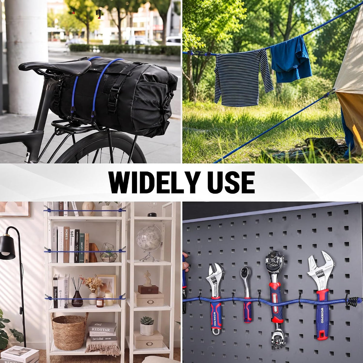 Workpro 24 inch blue bungee cords with hooks shown securing a bicycle, clothesline, shelf, and tool board.