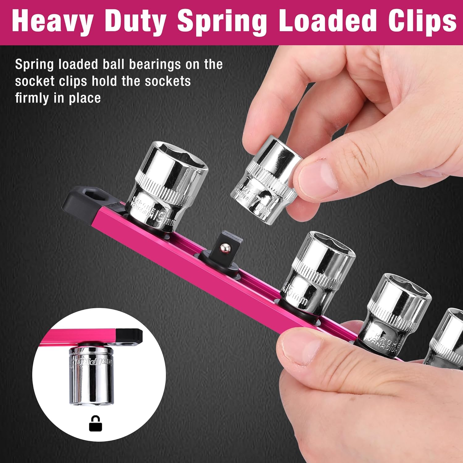 Hands loading sockets onto a rose red spring-loaded clip rail with black bases