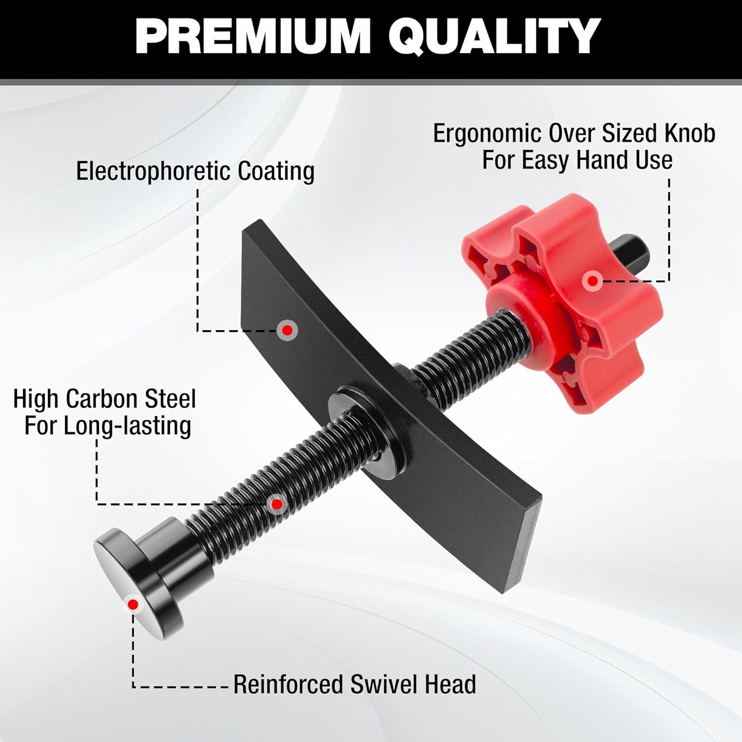 Brake piston compressor tool with ergonomic red knob, black shaft, and swivel head