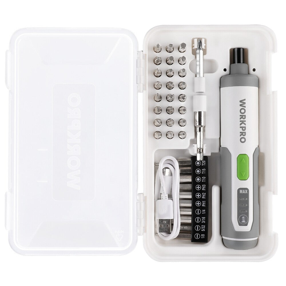 WORKPRO 4V cordless electric screwdriver kit in white PP toolbox with extension rod and 35 piece CR-V bits