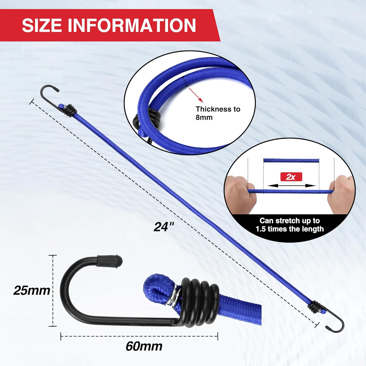 Blue 24-inch bungee cord with black metal hooks and spring coil, size detail view