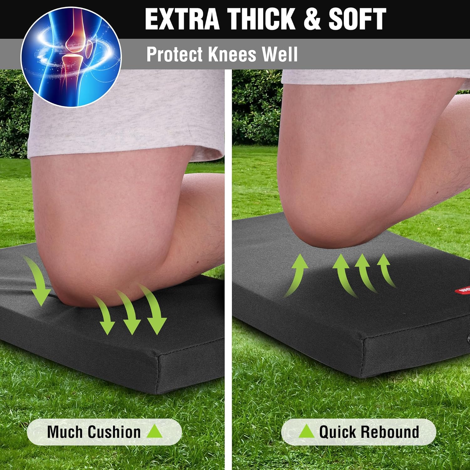 Black kneeling pad cushioning surface with extra-thick foam for knee comfort