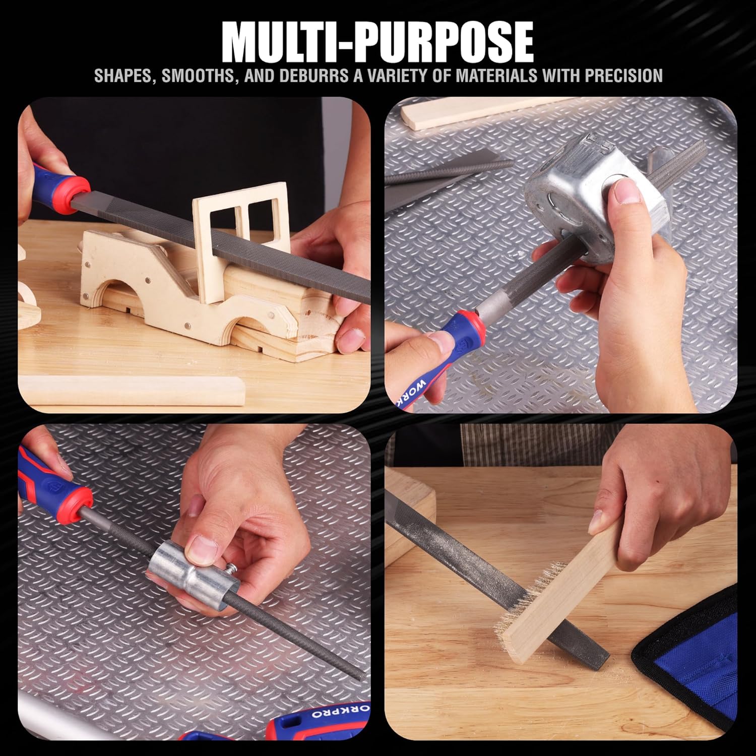 Metal file set for shaping and smoothing, with flat, half-round, and round files