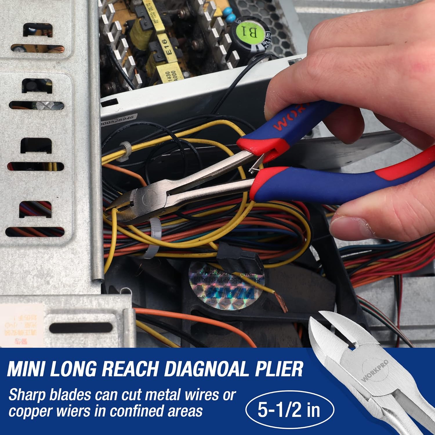 Mini long reach diagonal pliers with pointed cutters and blue/red handles, cutting close to wires