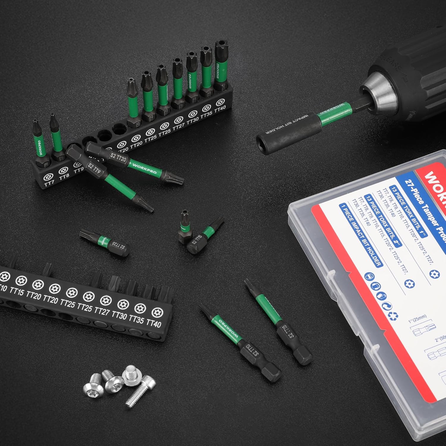Security Torx impact bit set with storage case, hex shank bits, and metal fasteners