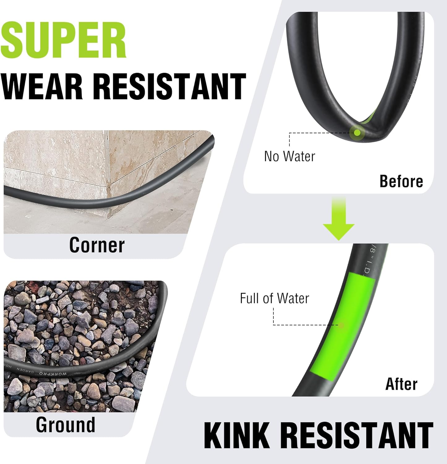 Kink-resistant hybrid garden hose with flexible curved section, green and black.