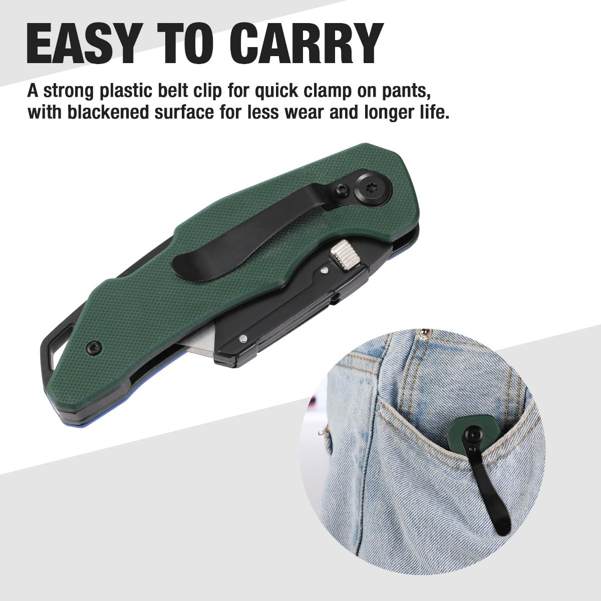 Folding utility knife with green G10 handle and black pocket clip