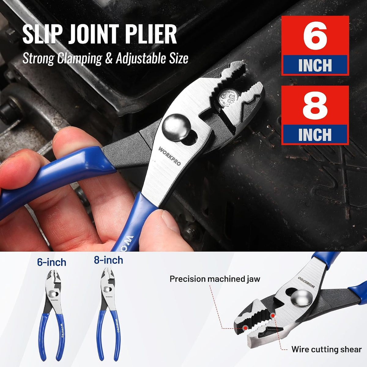 Workpro seven-piece pliers set with blue handles, slip joint jaws, six and eight inch sizes, and wire cutting shear.