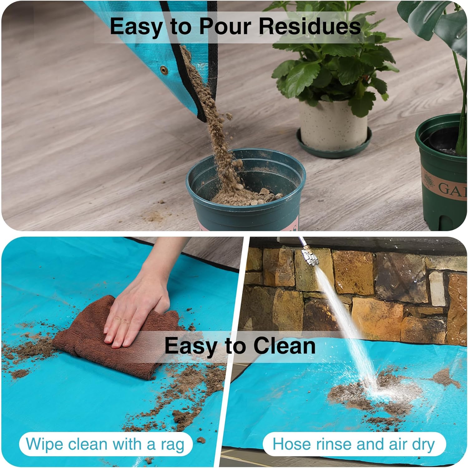 Blue repotting mat with raised sides, containing soil while watering and cleaning