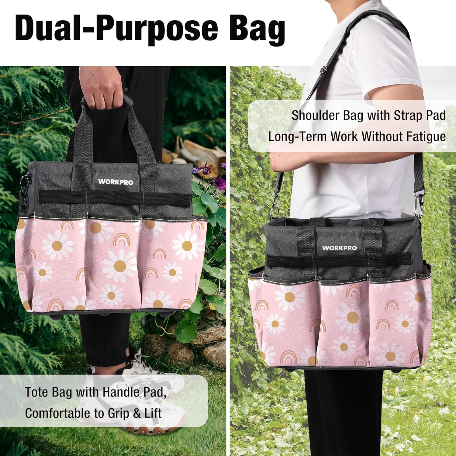 WORKPRO floral pink tool tote with handle pad and long adjustable shoulder strap