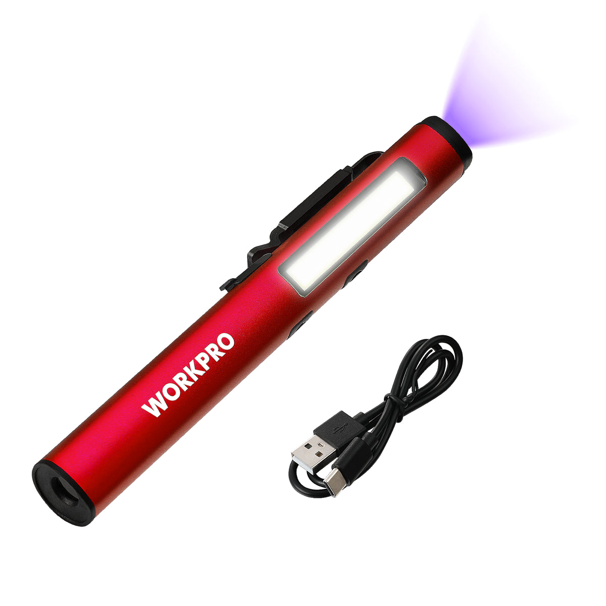 WORKPRO LED Pen Light with UV Flashlight, 2 White Lighting Modes with 450 Lumens Max, Red