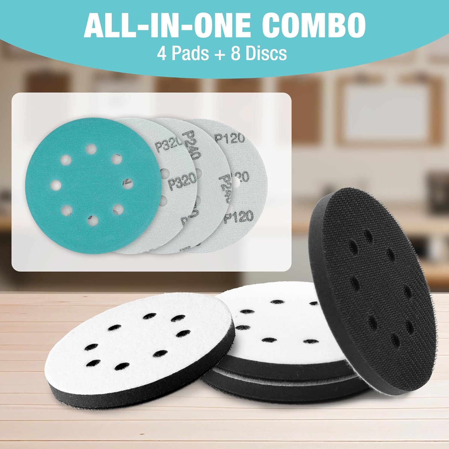 Assorted hook-and-loop sanding discs and foam buffer pads with dust extraction holes