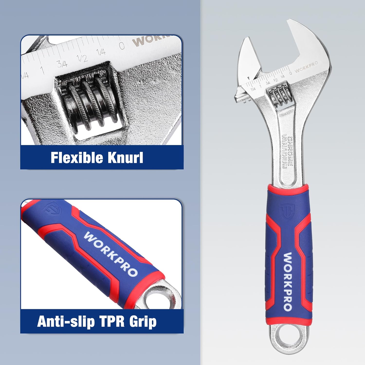 Adjustable wrench with flexible knurl and anti-slip TPR rubber grip