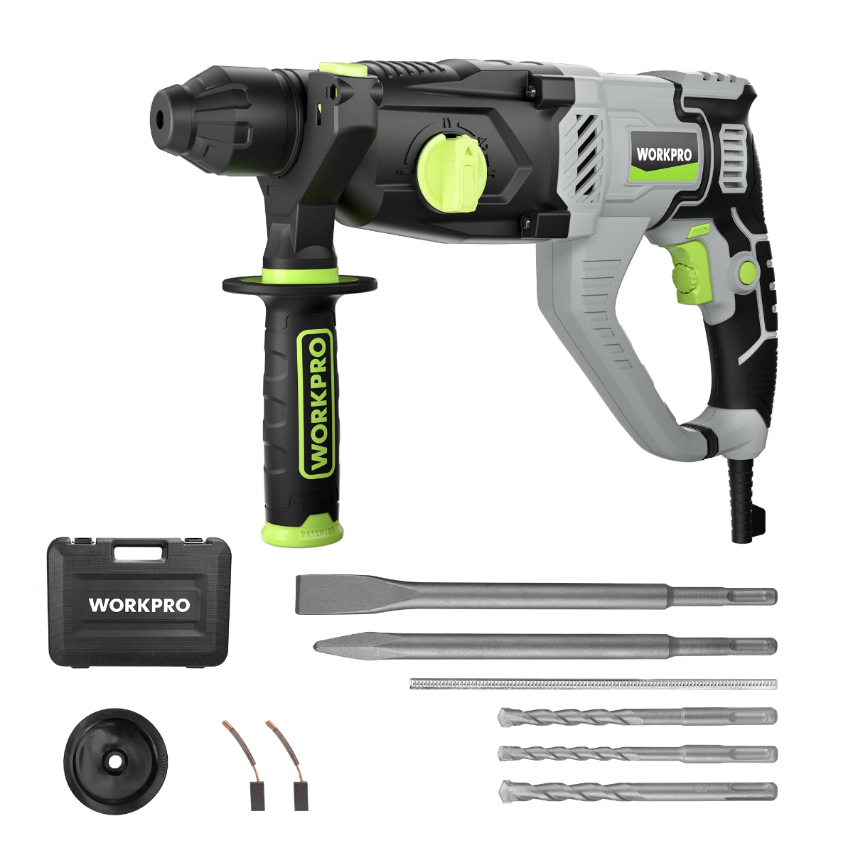 WORKPRO corded SDS-Plus rotary hammer drill kit with side handle, bits, and storage case