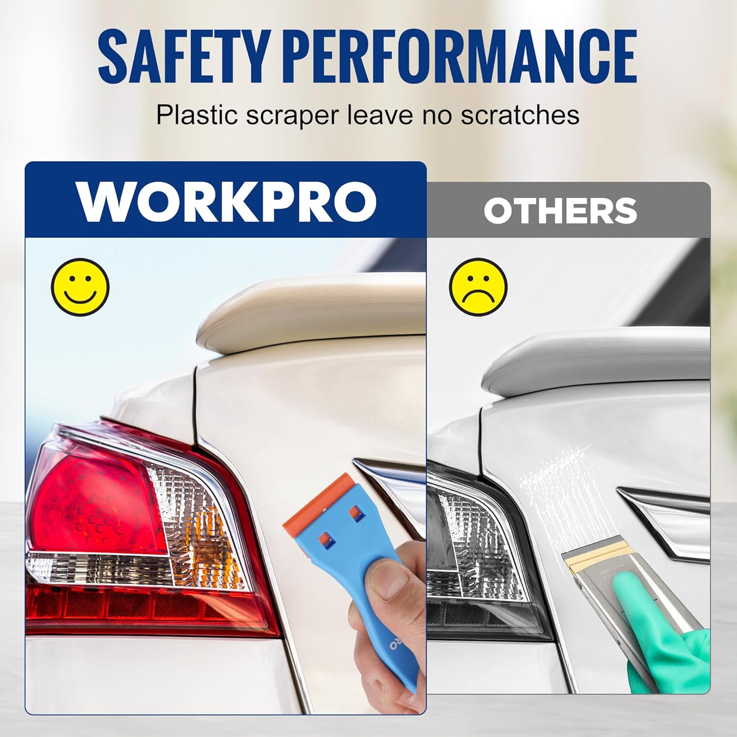 Orange plastic scraper blade refill held in hand for scratch-free cleaning comparison