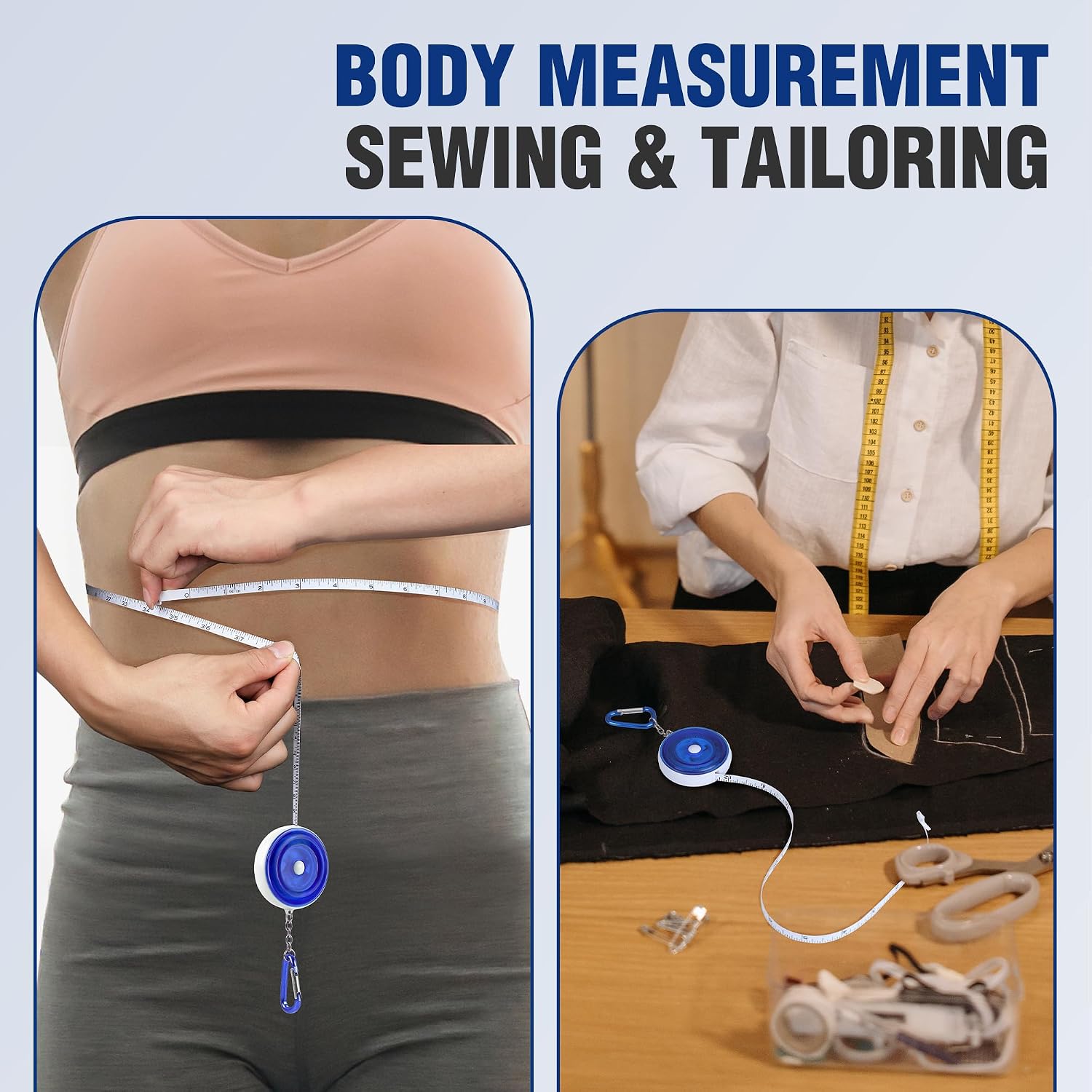 Body measuring with a blue retractable tape measure and carabiner