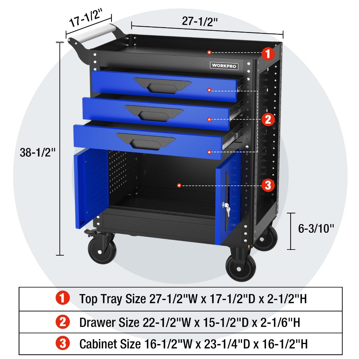 WORKPRO rolling tool chest dimensions diagram with three drawers and side cabinet, on wheels