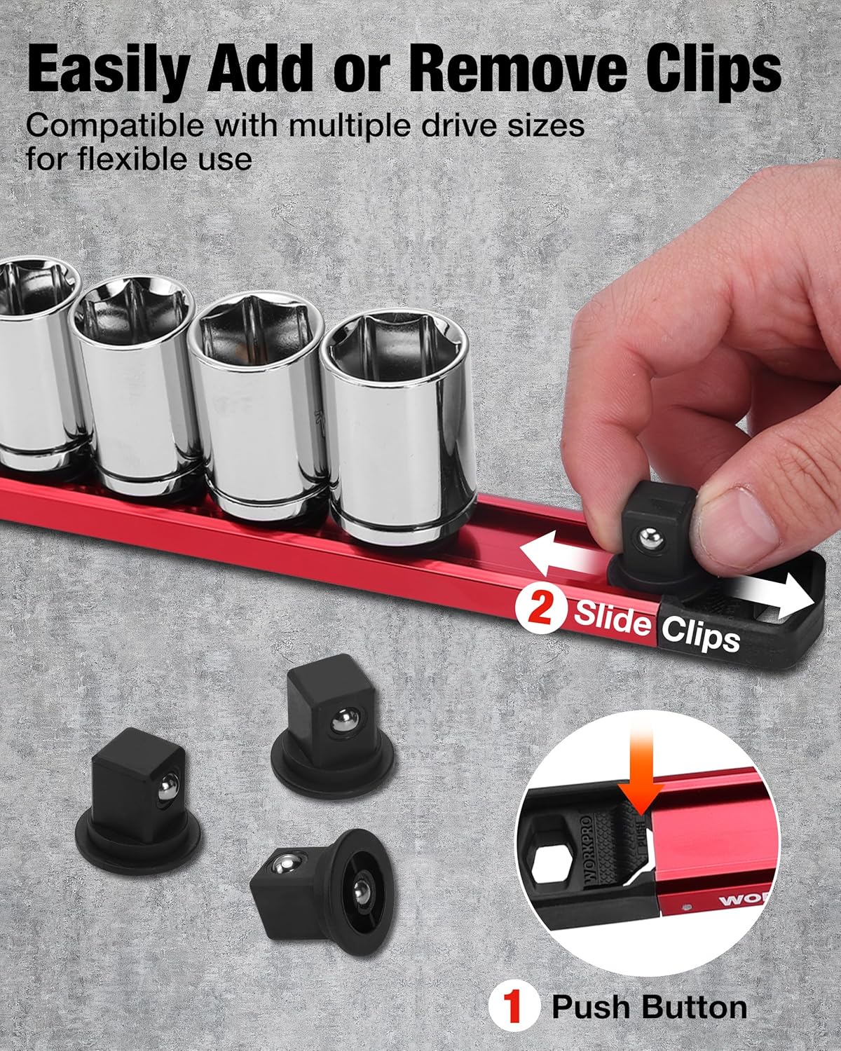 Magnetic socket organizer rail with 2 slide button clips and removable black holders