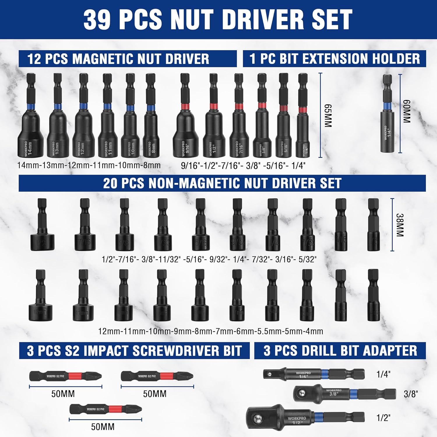 39-piece magnetic nut driver bit set with hex shank power drivers and socket adapters