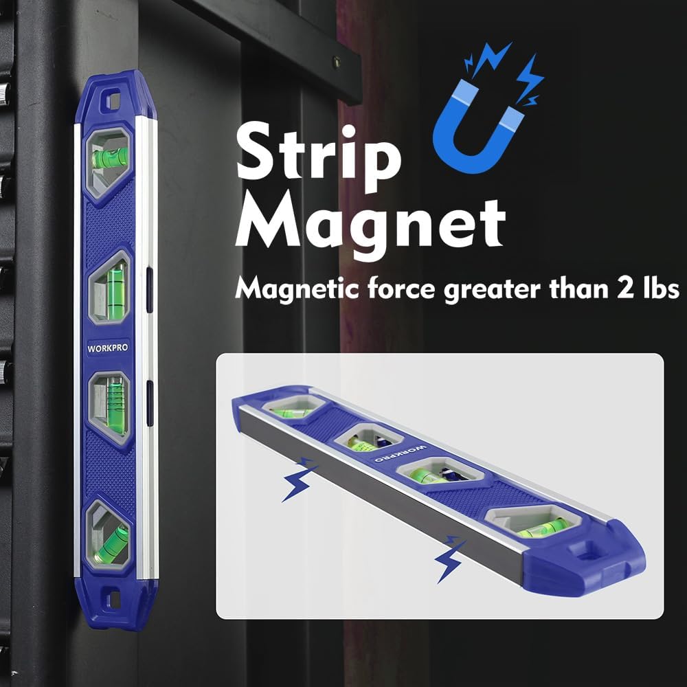 Blue magnetic torpedo level with four vials, strip magnet side for metal surfaces