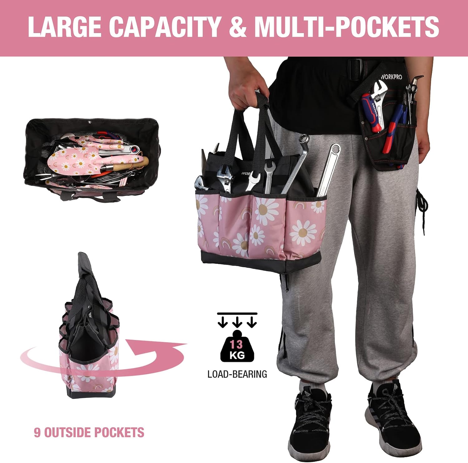 WORKPRO large capacity garden tool bag with pink floral front, black straps, and multi pockets