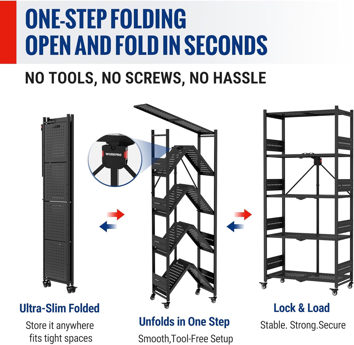 Black metal 5-tier folding rack shown open and folded for quick storage